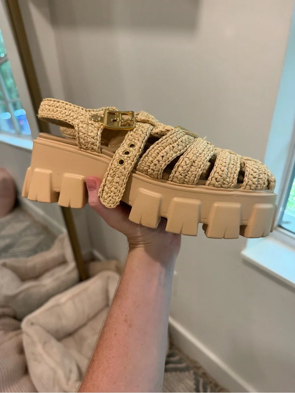Prada Woven Beige Fisherman Sandals with Gold Hardware